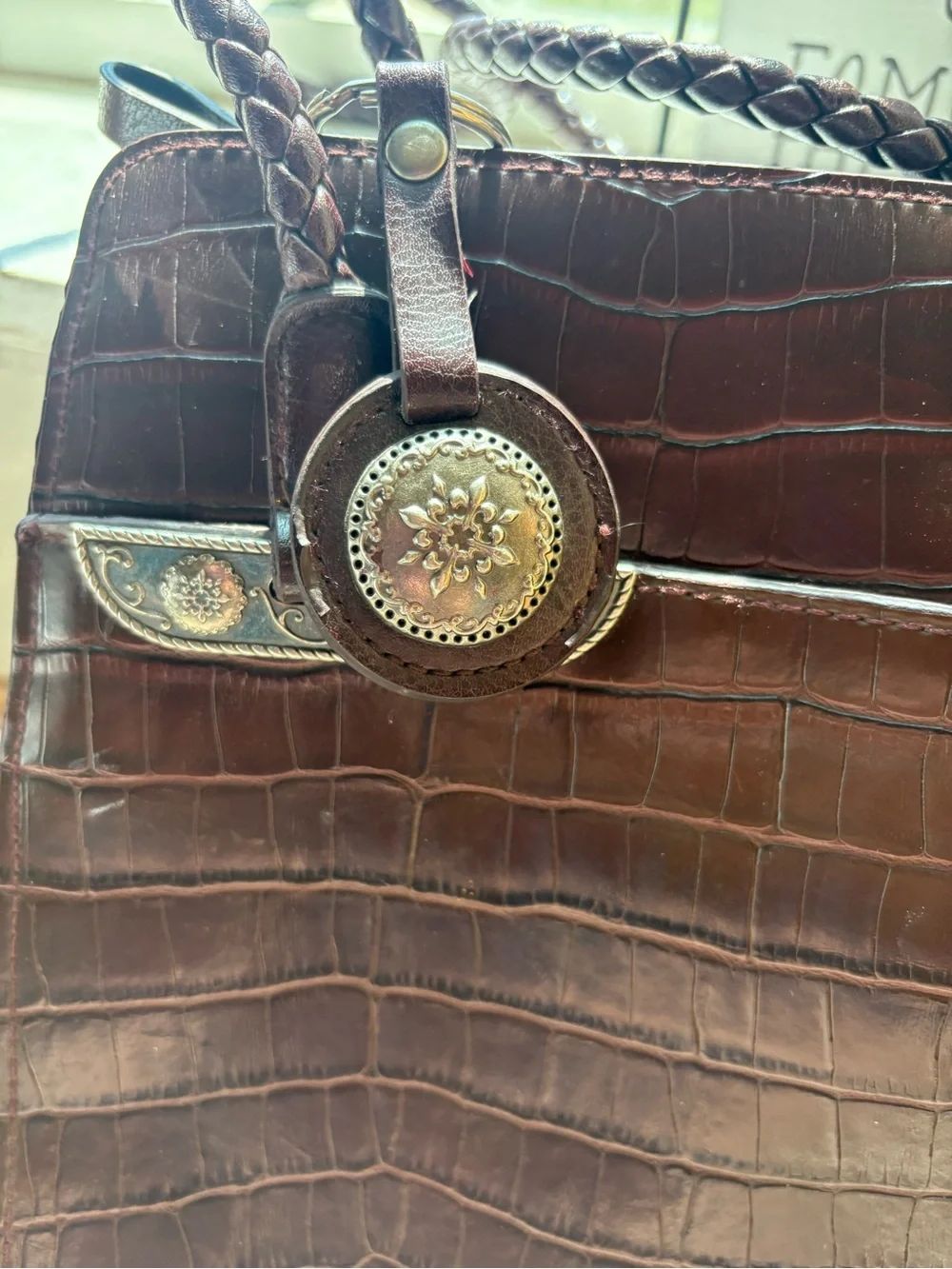Western Croc Embossed Tote Brown Concho Braided Handle Y2K Cowgirl Purse